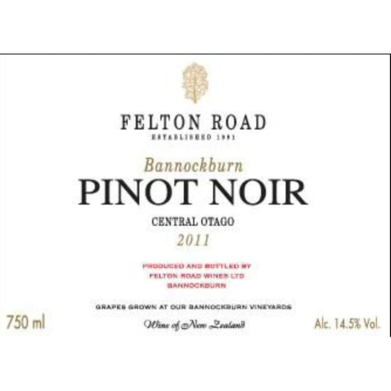Felton Road Bannockburn Pinot Noir 2011 Front Label