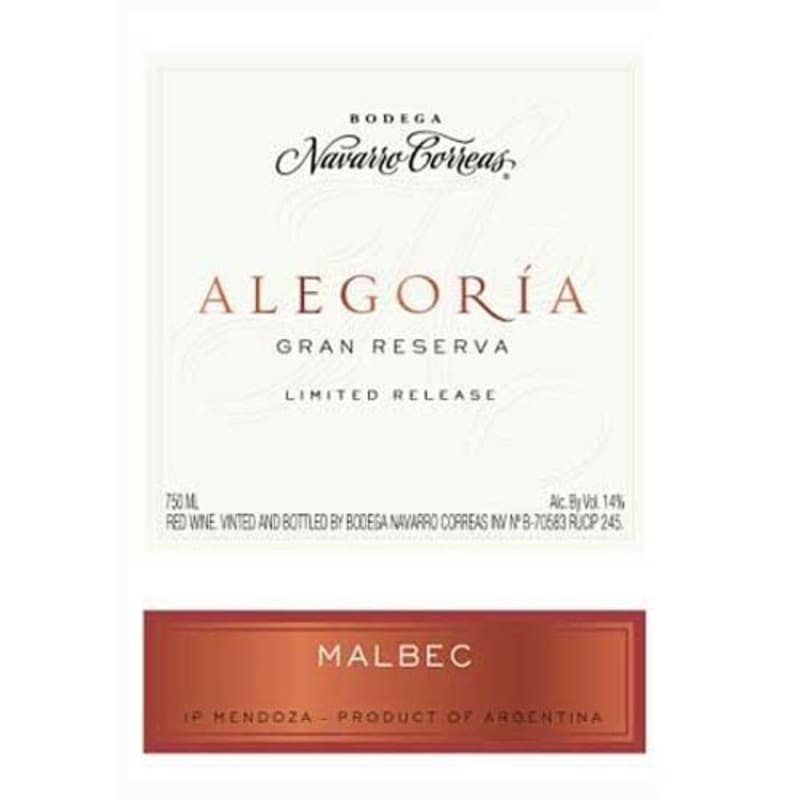 Navarro Correas Alegoria Gran Reserva Malbec 2009 Front Label