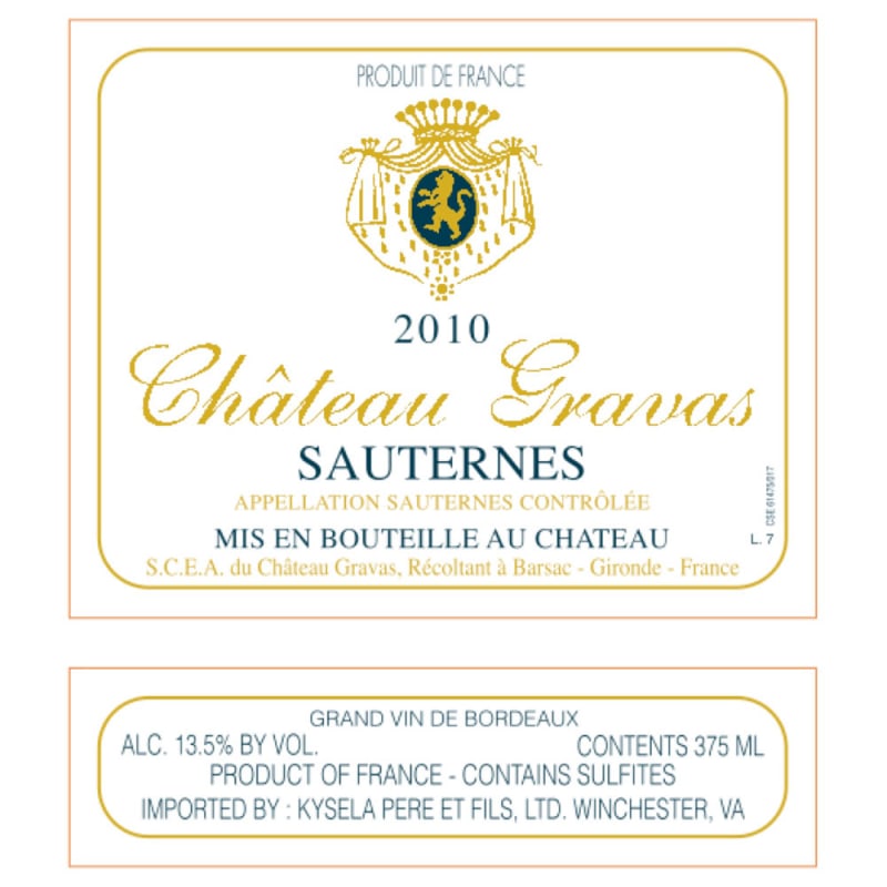 Chateau Gravas Sauternes (375ML half-bottle) 2010 Front Label
