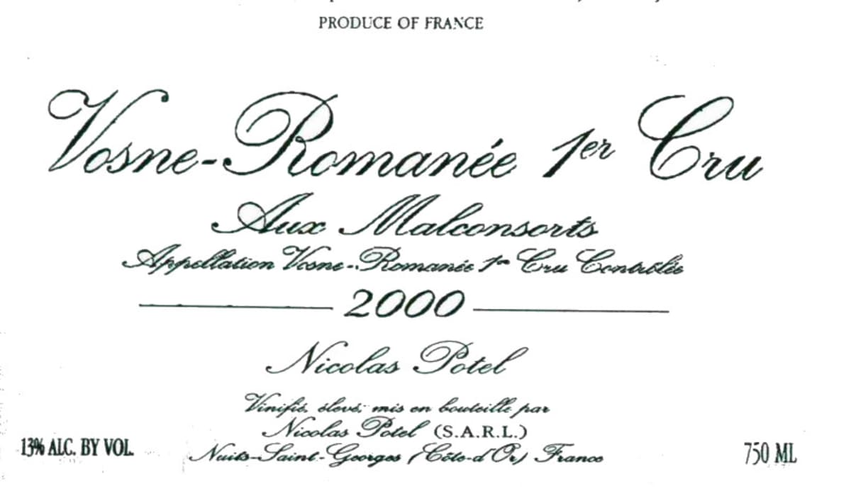 Nicolas Potel Vosne-Romanee Aux Malconsorts Premier Cru 2000 Front Label