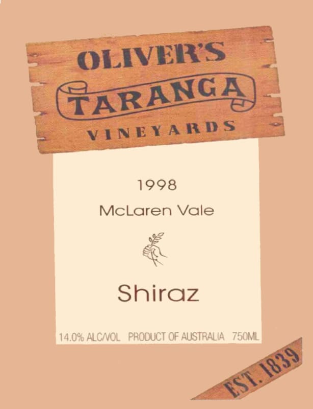 Oliver's Taranga Vineyards McLaren Vale Shiraz 1998 Front Label
