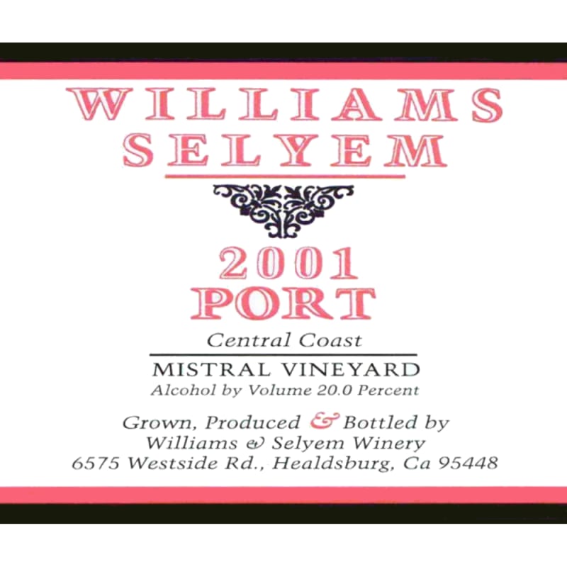 Williams Selyem Mistral Vineyard Port (375ML half-bottle) 2001 Front Label