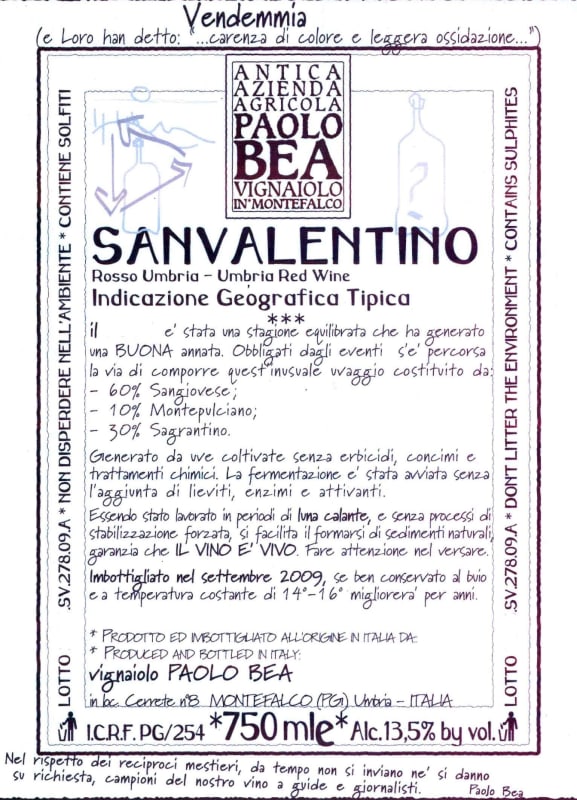 Paolo Bea San Valentino Rosso 2010 Front Label
