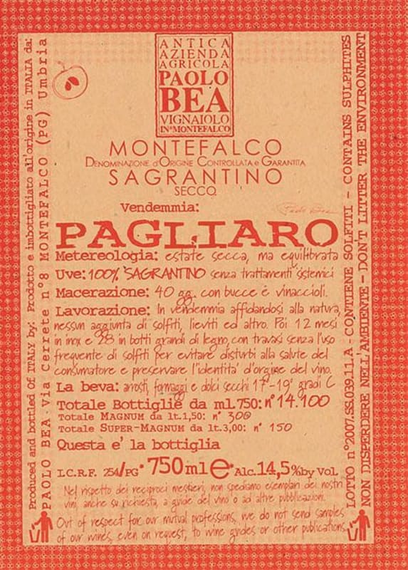 Paolo Bea Pagliaro Montefalco Sagrantino 2008 Front Label