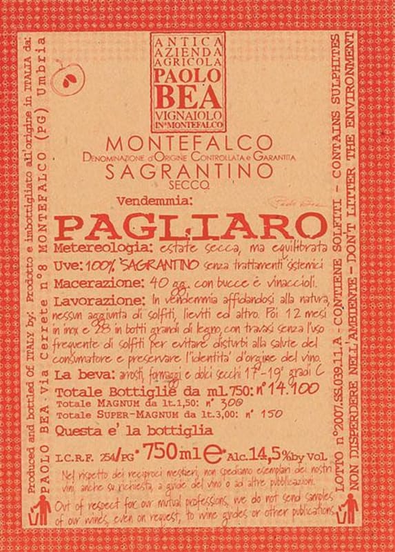 Paolo Bea Pagliaro Montefalco Sagrantino 2009 Front Label