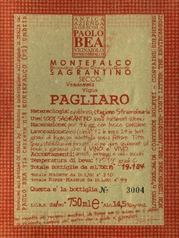Paolo Bea Pagliaro Montefalco Sagrantino 2006 Front Label