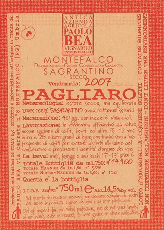 Paolo Bea Pagliaro Montefalco Sagrantino 2007 Front Label