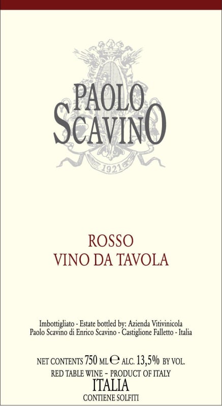 Paolo Scavino Vino da Tavola Rosso 2015 Front Label