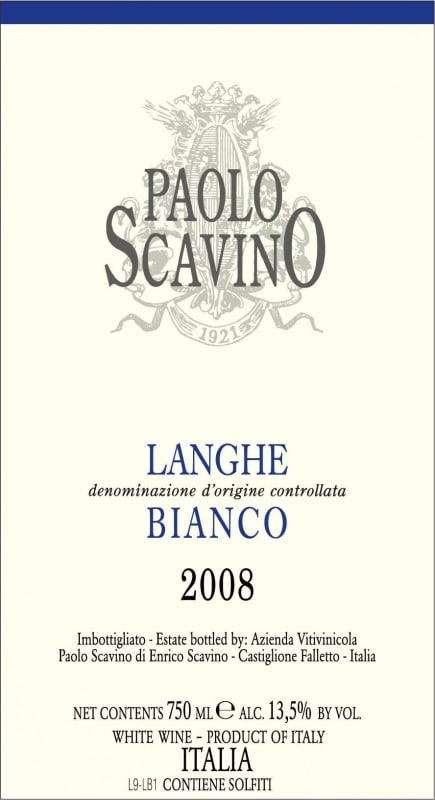 Paolo Scavino Langhe Bianco 2008 Front Label