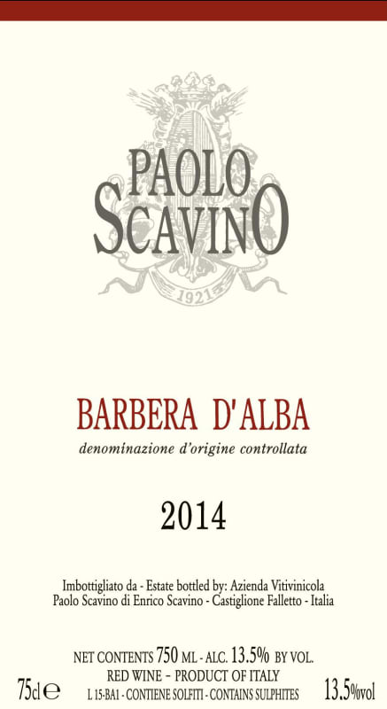 Paolo Scavino Barbera d'Alba 2014 Front Label