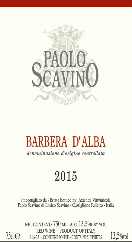 Paolo Scavino Barbera d'Alba 2015 Front Label