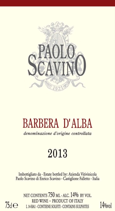 Paolo Scavino Barbera d'Alba 2013 Front Label