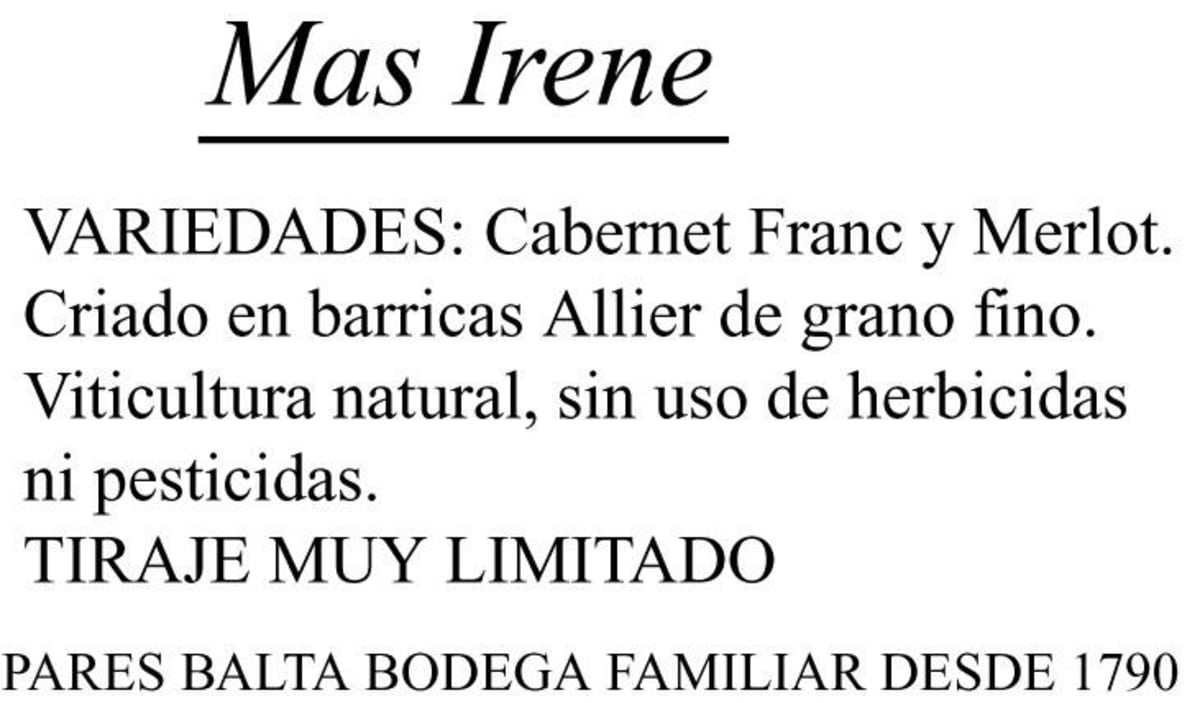 Pares Balta Mas Irene 2013 Front Label