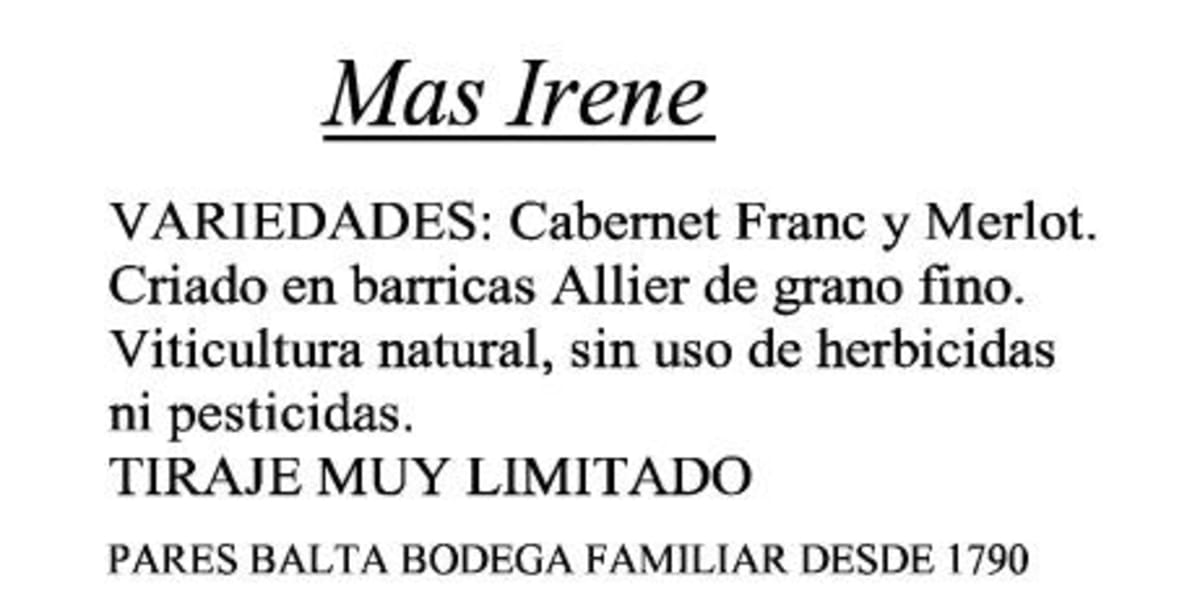 Pares Balta Mas Irene 2010 Front Label