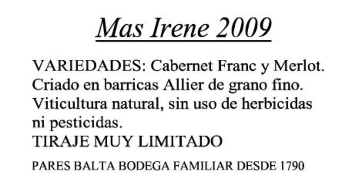 Pares Balta Mas Irene 2009 Front Label