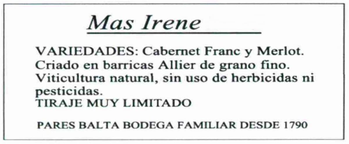 Pares Balta Mas Irene 2001 Front Label