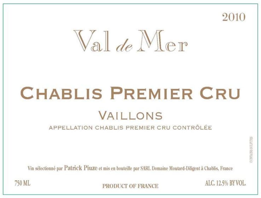Val de Mer by Patrick Piuze Chablis Premier Cru Vaillons 2010 Front Label