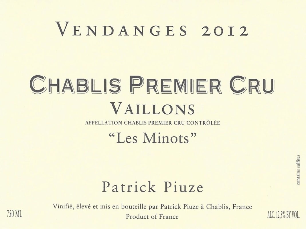 Patrick Piuze Chablis Vaillons Les Minots Premier Cru 2012 Front Label