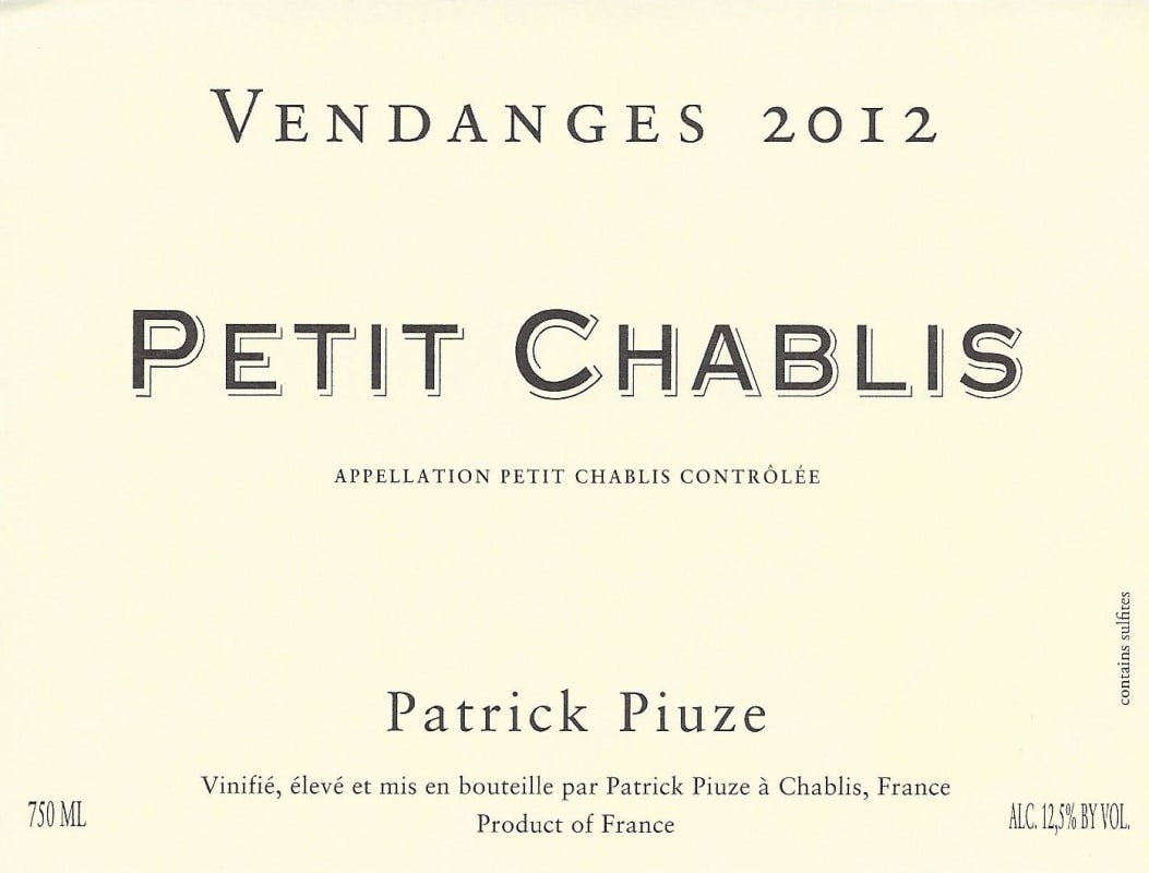 Patrick Piuze Petit Chablis 2012 Front Label