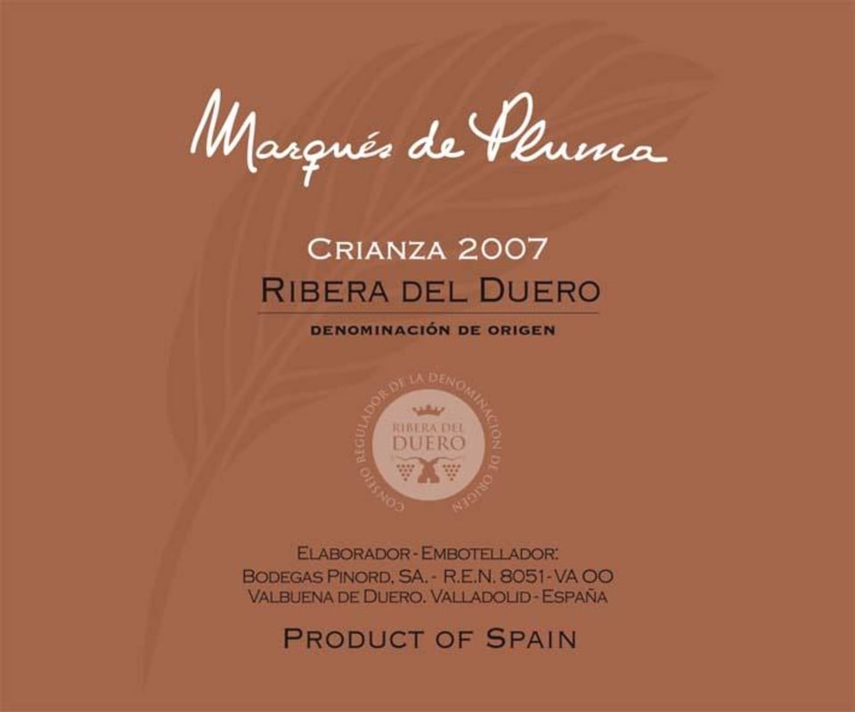 Bodegas Pinord Marques de Pluma Crianza 2007 Front Label