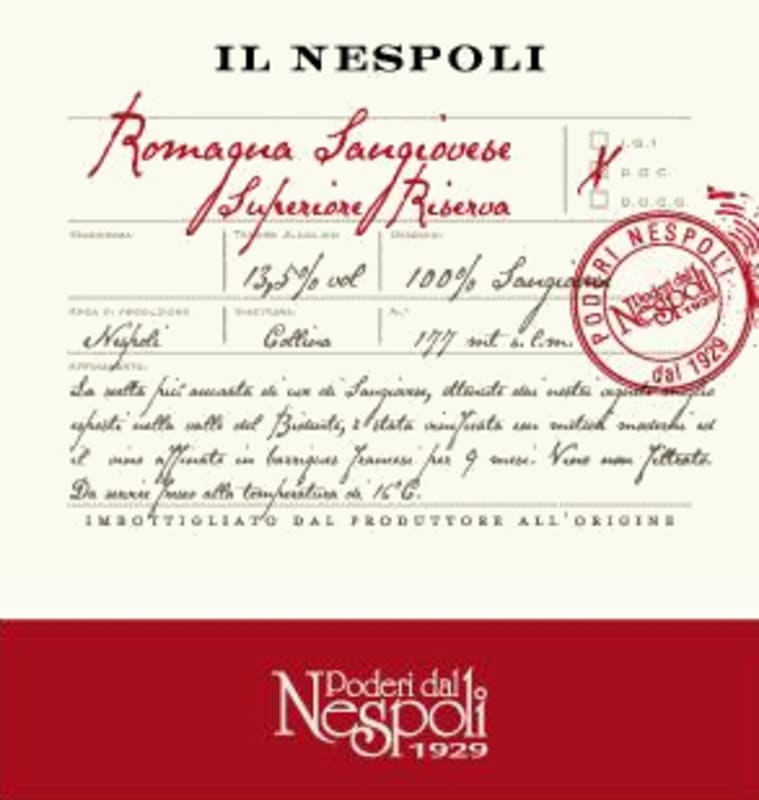 Poderi dal Nespoli Sangiovese di Romagna Superiore Riserva Il Nespoli 2014 Front Label