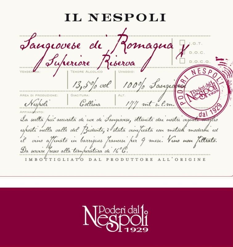 Poderi dal Nespoli Sangiovese di Romagna Superiore Riserva Il Nespoli 2009 Front Label