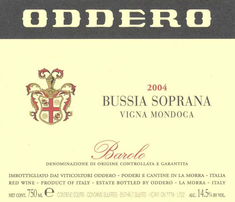 Oddero Bussia Soprana Vigna Mondoca Barolo 2004 Front Label