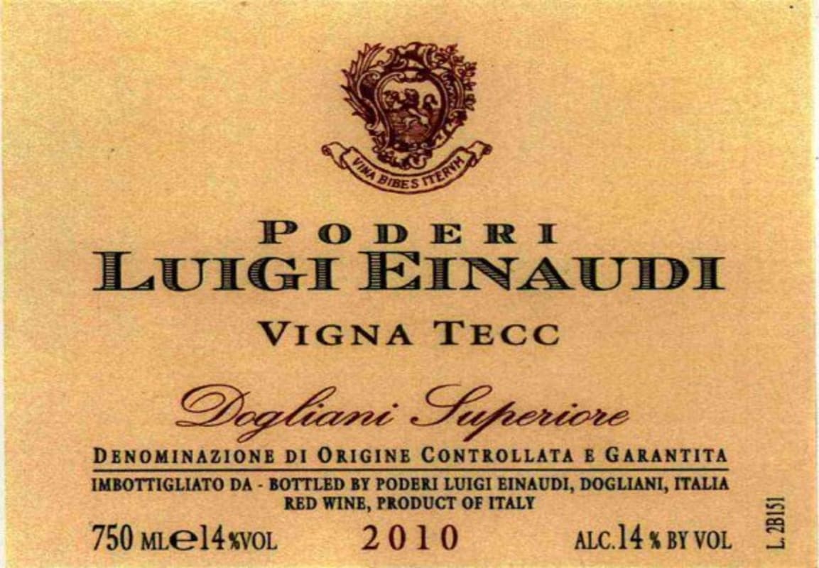 Luigi Einaudi Vigna Tecc Dogliani Superiore 2010 Front Label