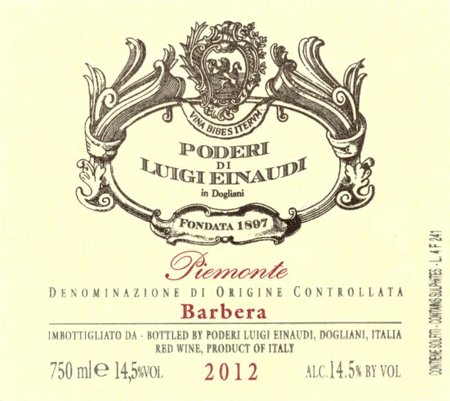 Luigi Einaudi Piemonte Barbera 2012 Front Label