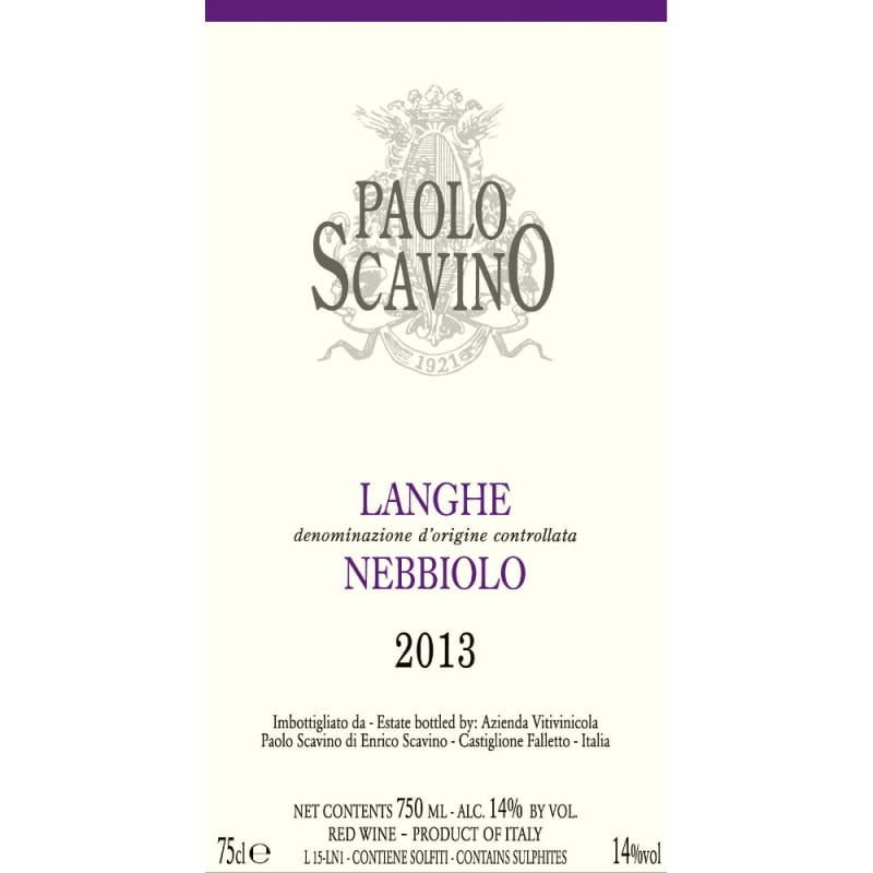 Paolo Scavino Langhe Nebbiolo 2013 Front Label