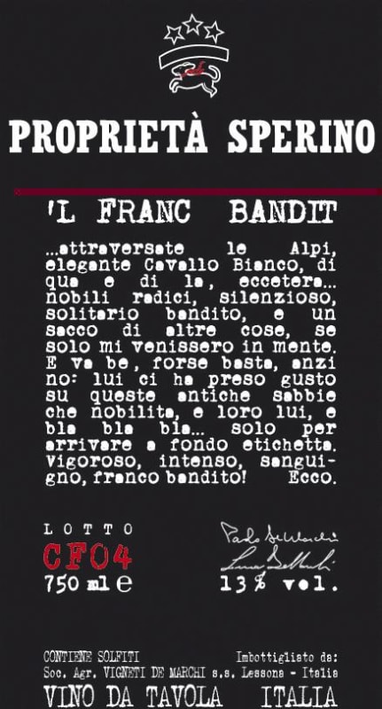 Proprieta Sperino 'L Franc Bandit Piedmont 2009 Front Label