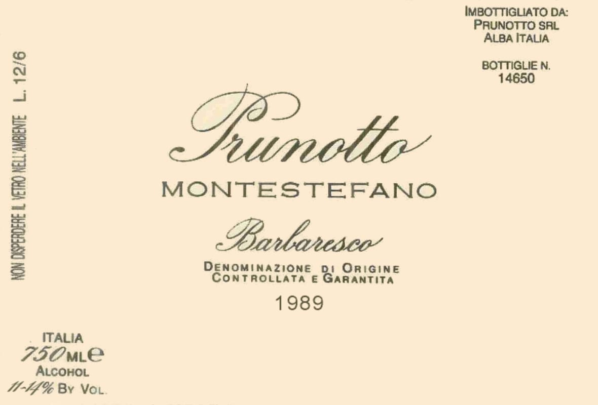 Prunotto Barbaresco Montestefano 1989 Front Label