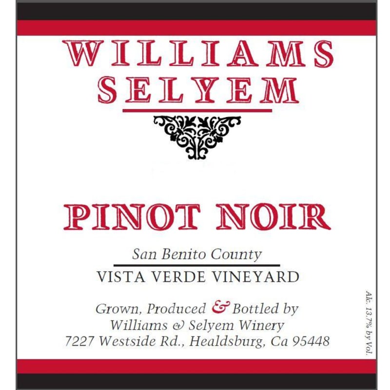 Williams Selyem Vista Verde Vineyard Pinot Noir 2013 Front Label
