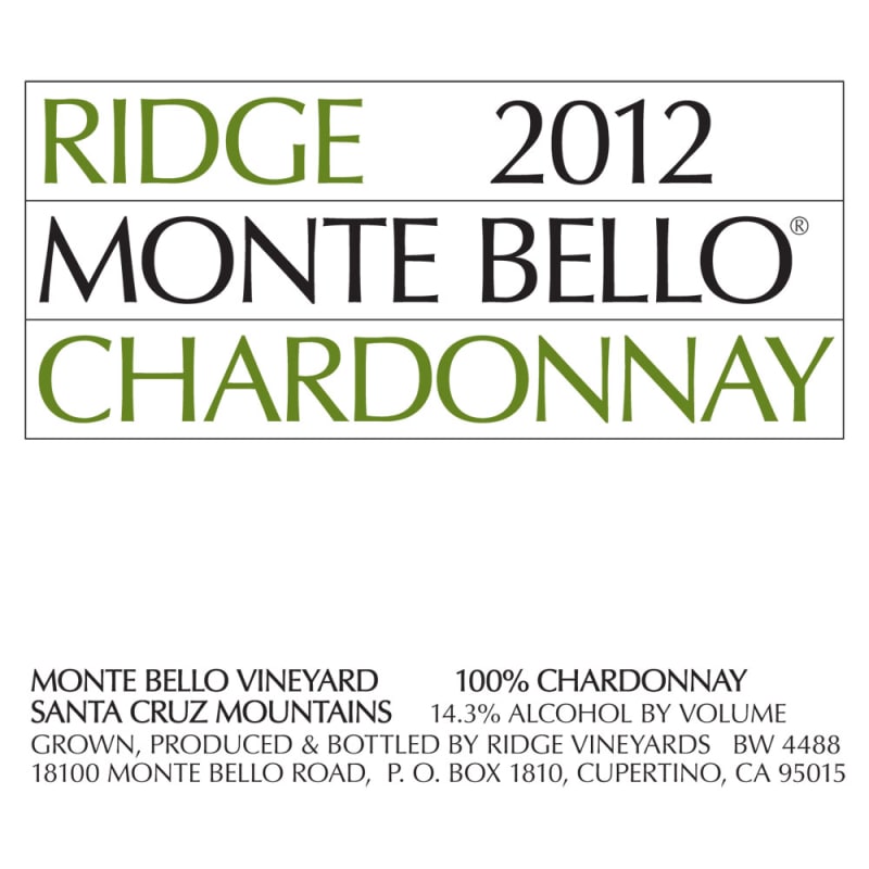 Ridge Monte Bello Chardonnay 2012 Front Label