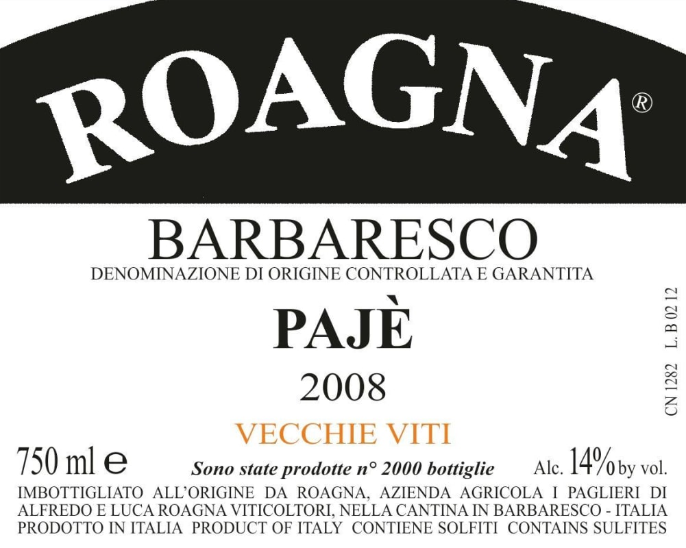 Roagna Paje Vecchie Viti 2008 Front Label