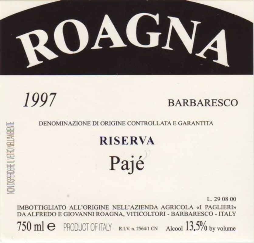 Roagna Paje Barbaresco Riserva 1997 Front Label