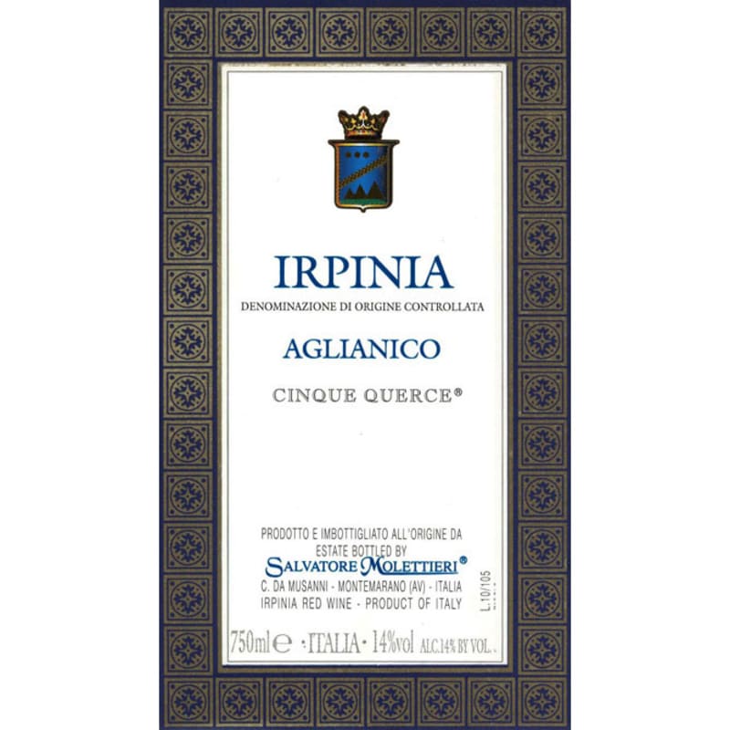 Salvatore Molettieri Cinque Querce Irpinia Aglianico 2012 Front Label