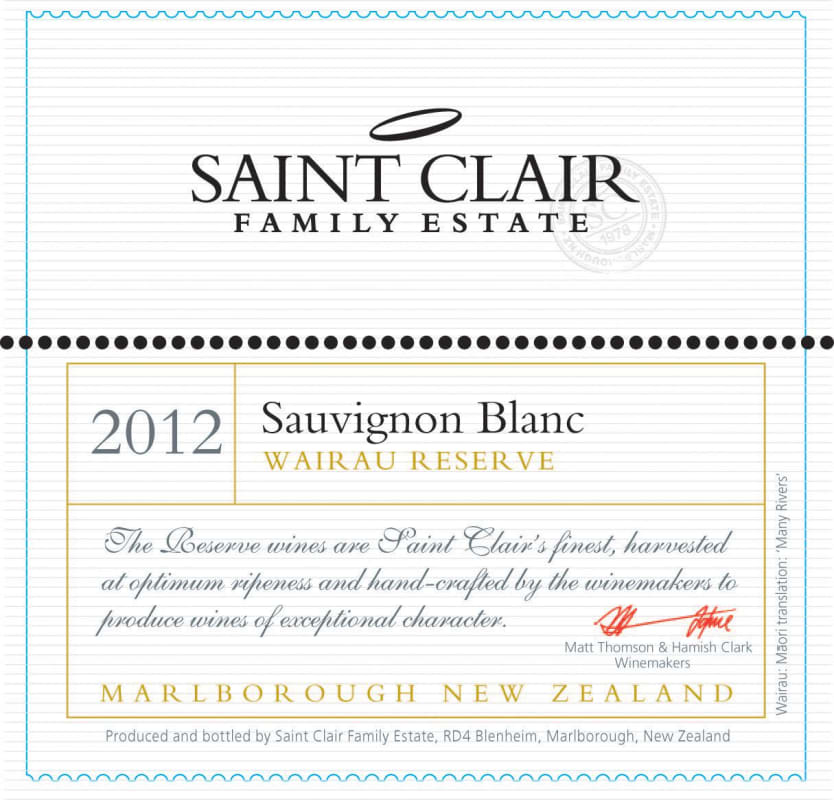 Saint Clair Wairau Reserve Sauvignon Blanc 2012 Front Label
