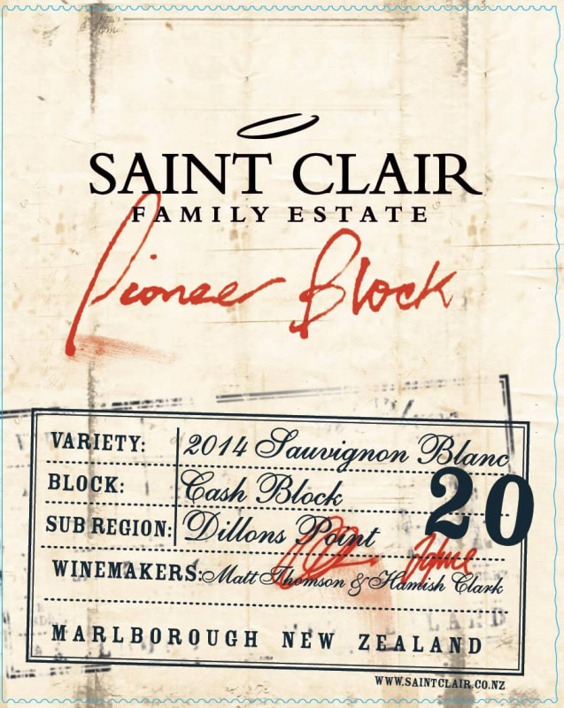 Saint Clair Pioneer Block 20 Cash Block Sauvignon Blanc 2014 Front Label