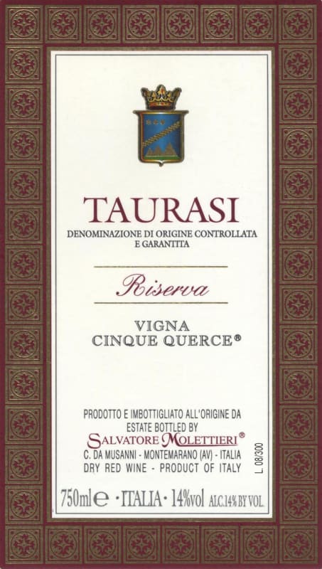 Salvatore Molettieri Taurasi Vigna Cinque Querce Riserva 2008 Front Label