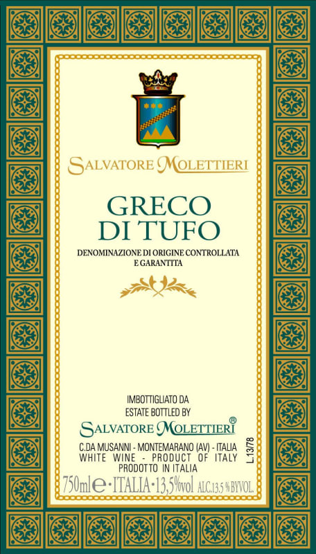 Salvatore Molettieri Campania Greco di Tufo 2012 Front Label