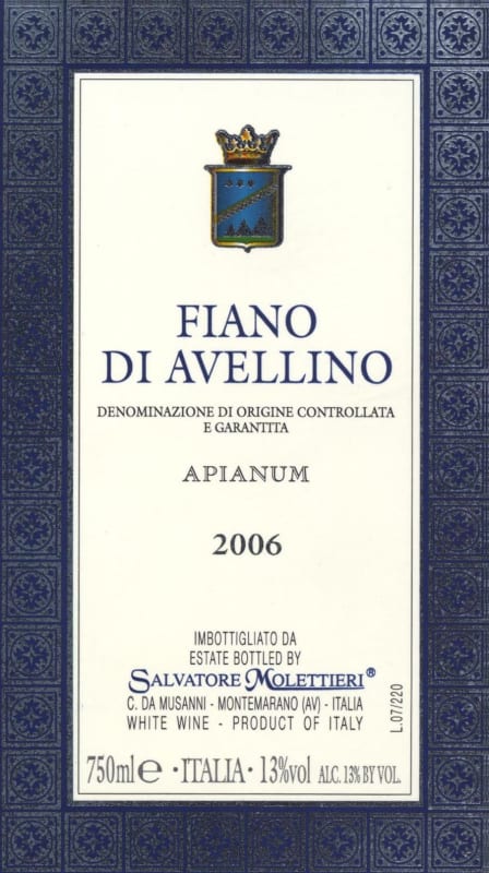 Salvatore Molettieri Fiano di Avellino Apianum 2006 Front Label