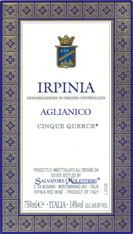 Salvatore Molettieri Irpinia Cinque Querce Aglianico 2012 Front Label