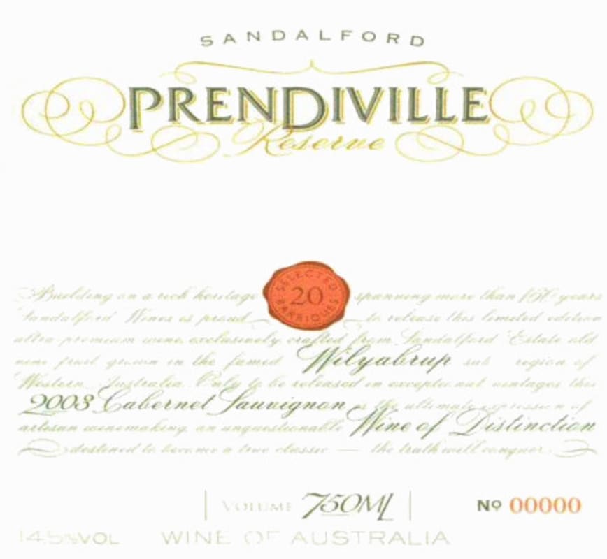 Sandalford Prendiville Reserve Cabernet Sauvignon 2003 Front Label