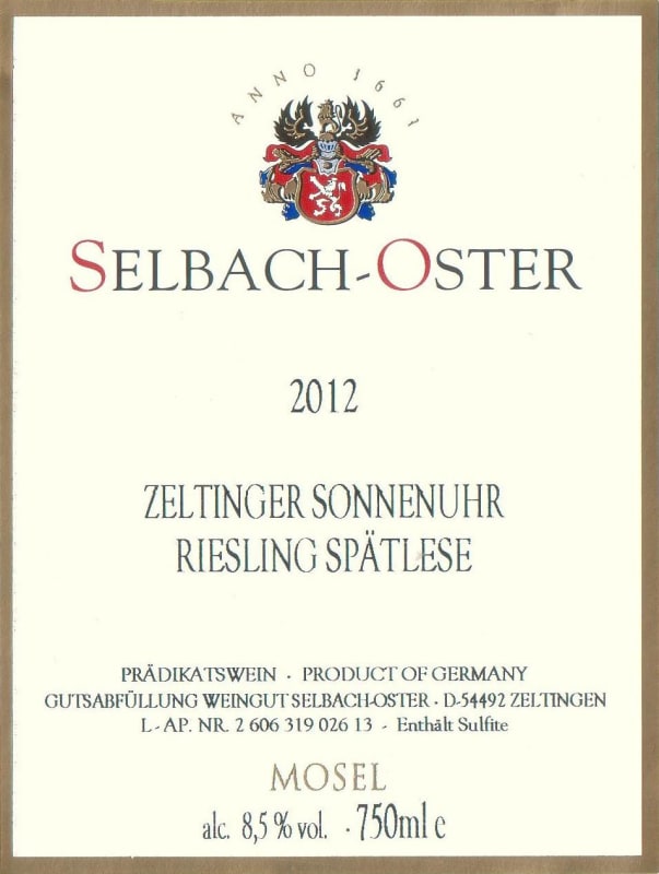 Selbach Oster Zeltinger Sonnenuhr Riesling Spatlese 2012 Front Label