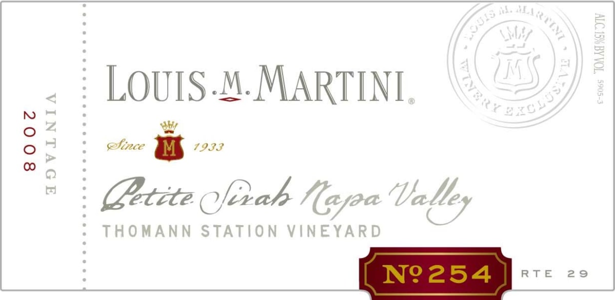 Louis Martini No. 254 Thomann Station Vineyard Petite Sirah 2008 Front Label