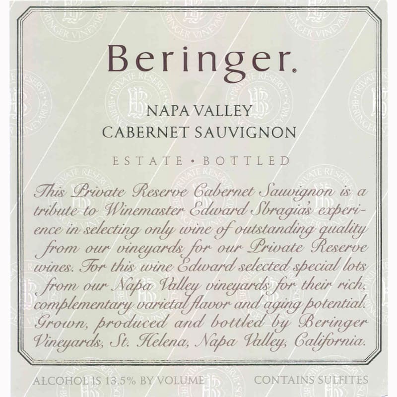 Beringer Private Reserve Cabernet Sauvignon 1984 Front Label