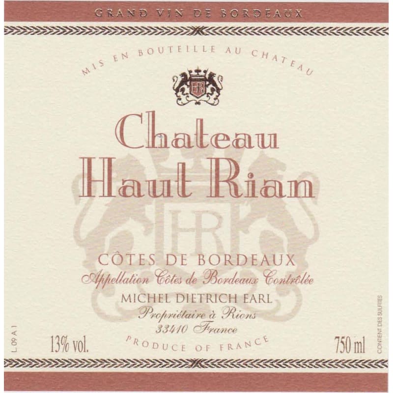 Chateau Haut Rian Bordeaux Rouge 2010 Front Label