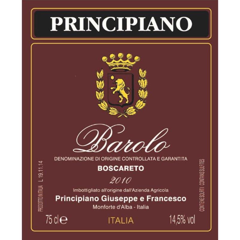 Giuseppe Principiano Barolo Boscareto 2010 Front Label