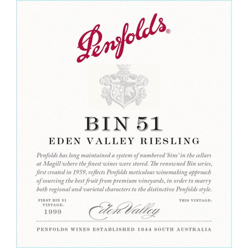 Penfolds Eden Valley Bin 51 Reserve Riesling 2015 Front Label